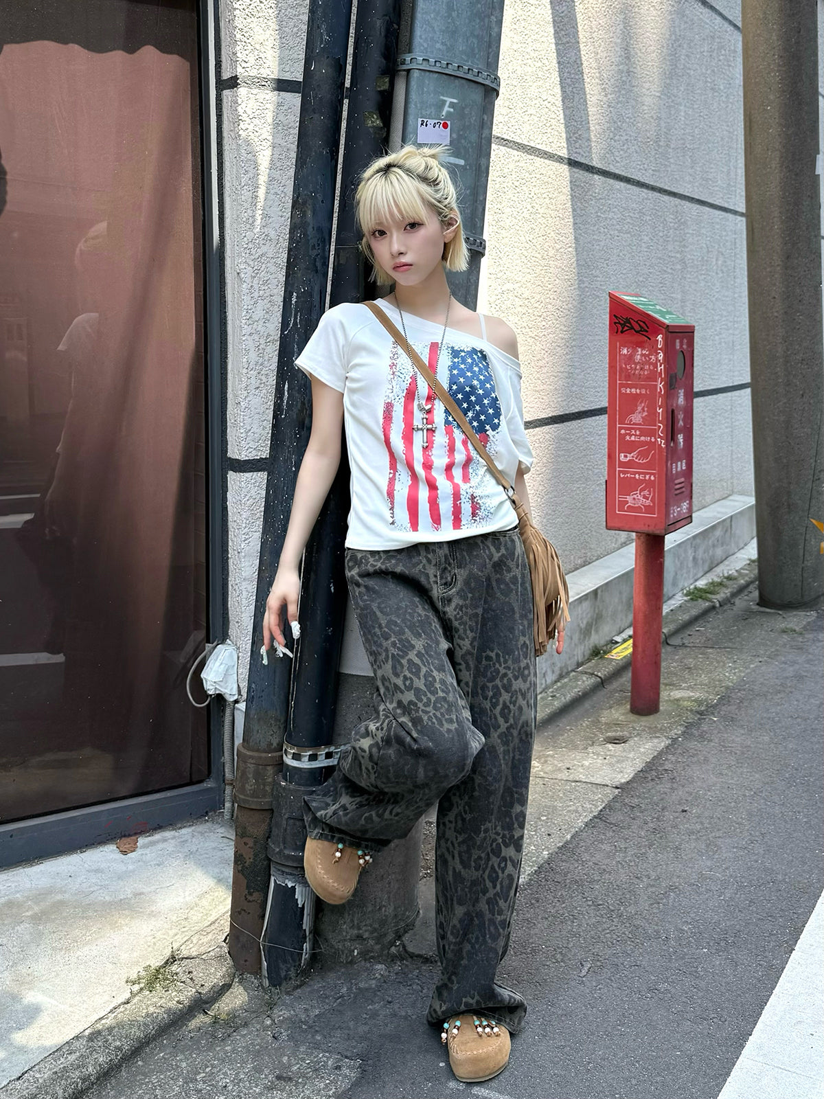 레오파드 와이드 데님 팬츠