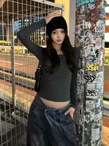 ヘンリーネックポケットリブカットソー - グレー