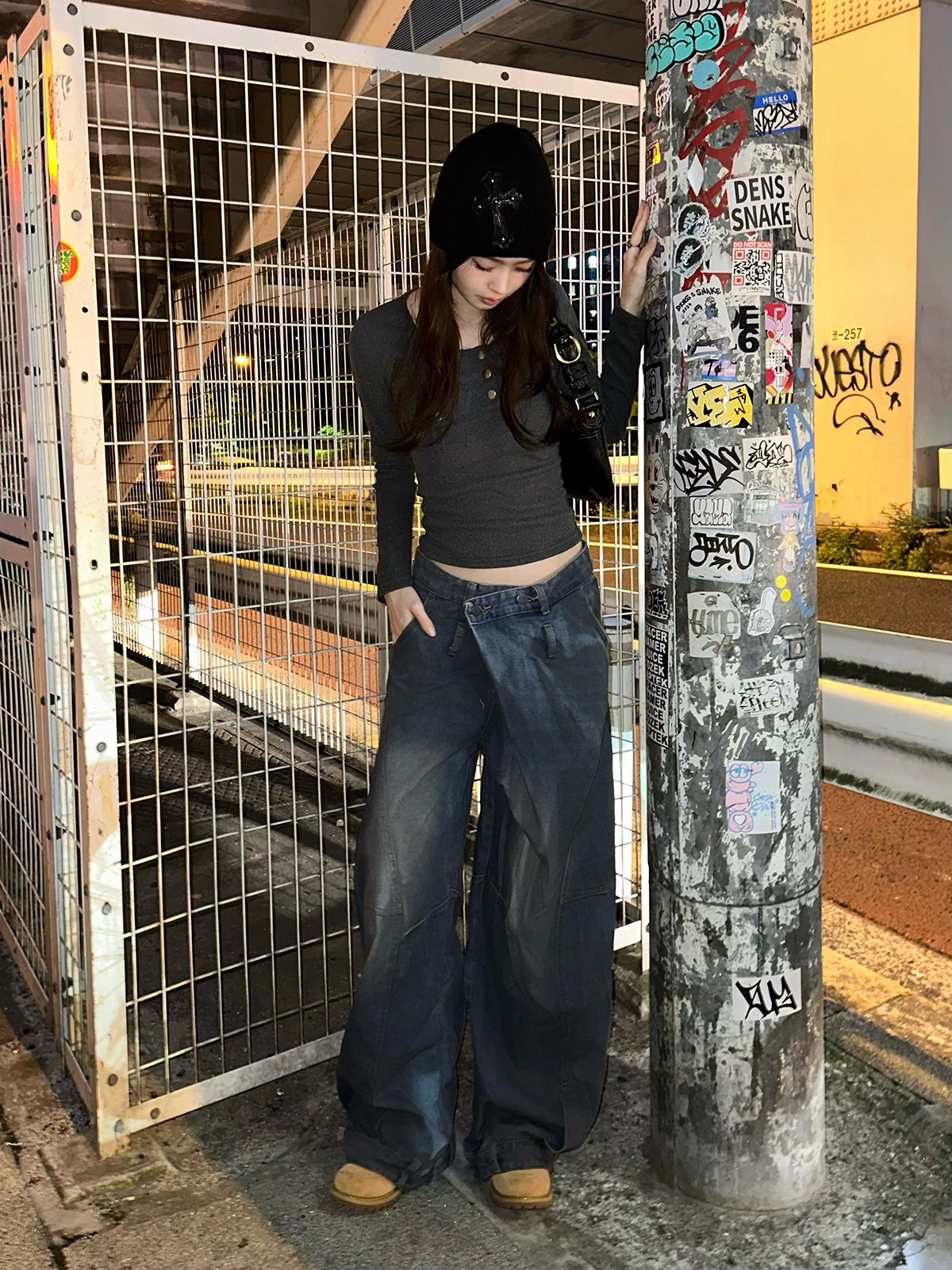 クロスウエストワイドカーブデニムパンツ