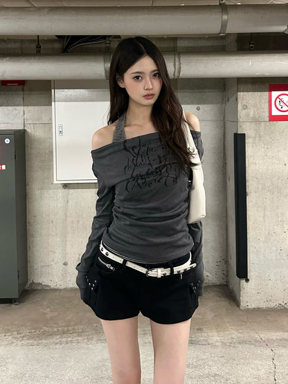 ホルターネックボーダードッキングカットソー