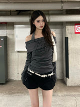 ホルターネックボーダードッキングカットソー - グレー