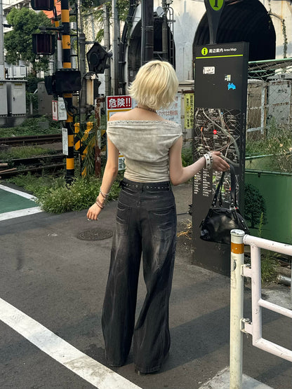 スクラッチワイドブラックデニムパンツ