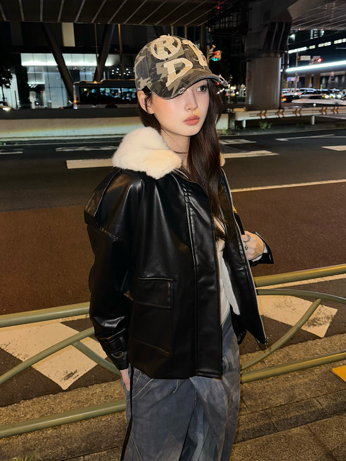 ファーライクカラーレザータッチジャケット