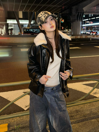 ファーライクカラーレザータッチジャケット