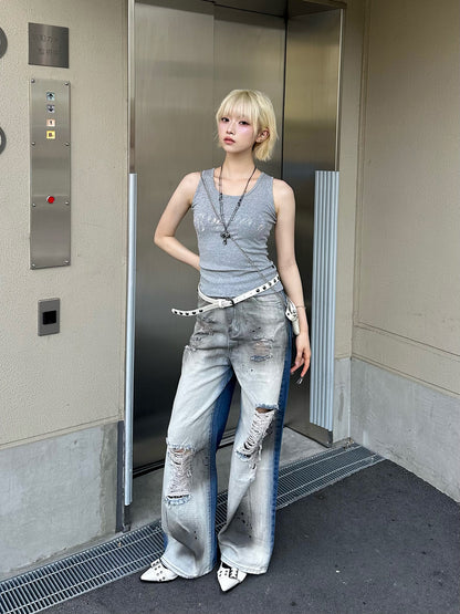ツートーンクラッシュワイドデニムパンツ