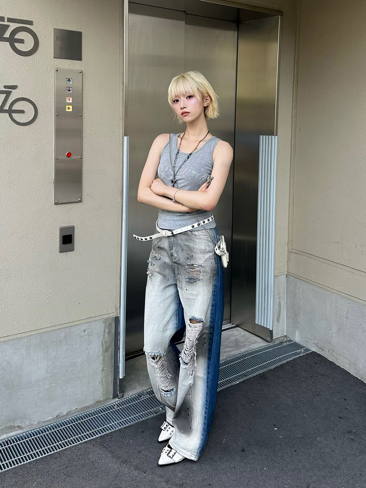 ツートーンクラッシュワイドデニムパンツ