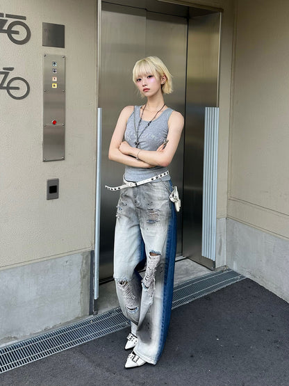 ツートーンクラッシュワイドデニムパンツ