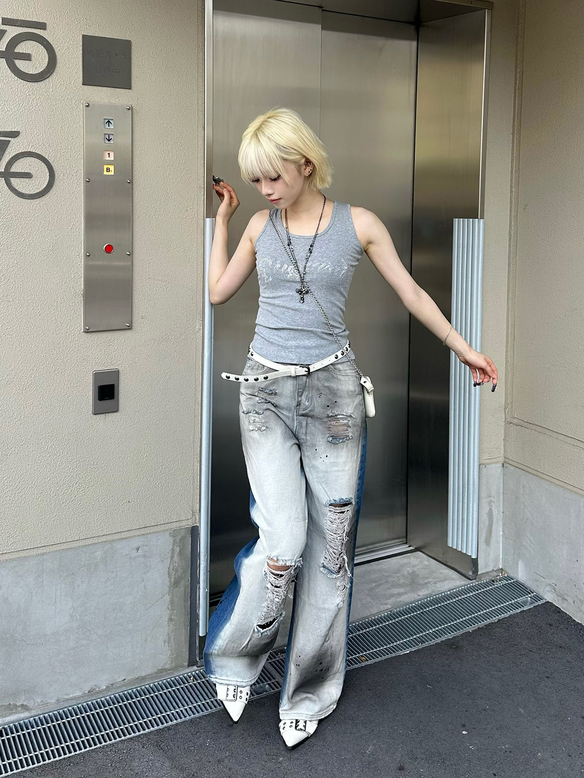 ツートーンクラッシュワイドデニムパンツ