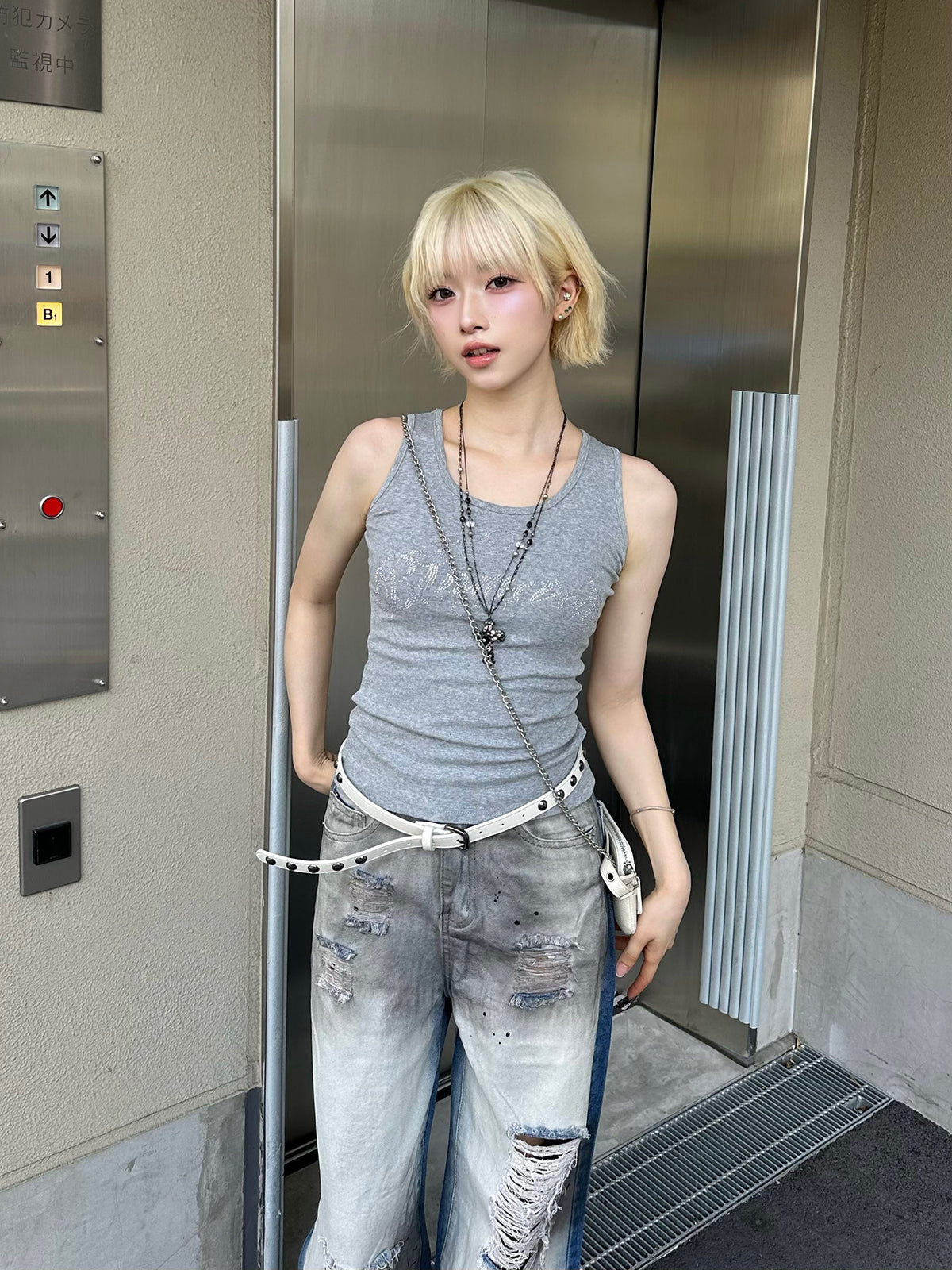 ツートーンクラッシュワイドデニムパンツ
