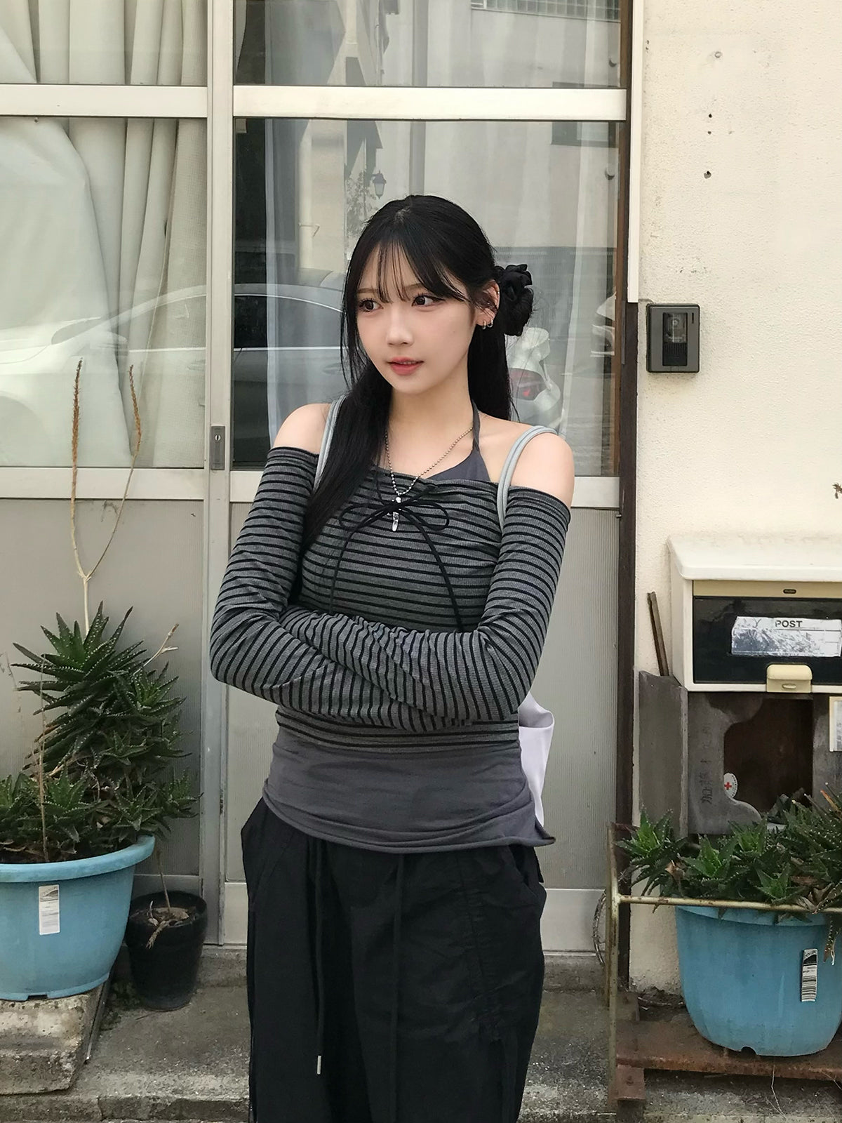 Ribbon Off-Shoulder Striped Cut and Sew