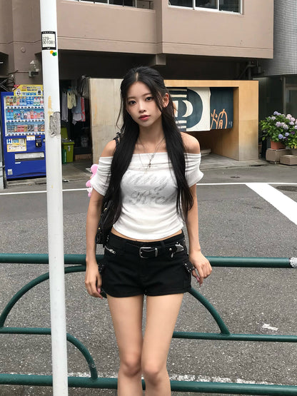 オフショルギャザーレタリングカットソー
