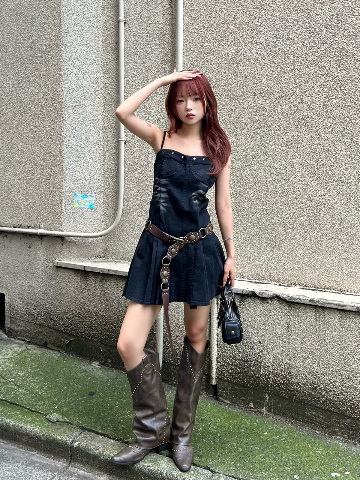 フリンジデニムミニワンピース