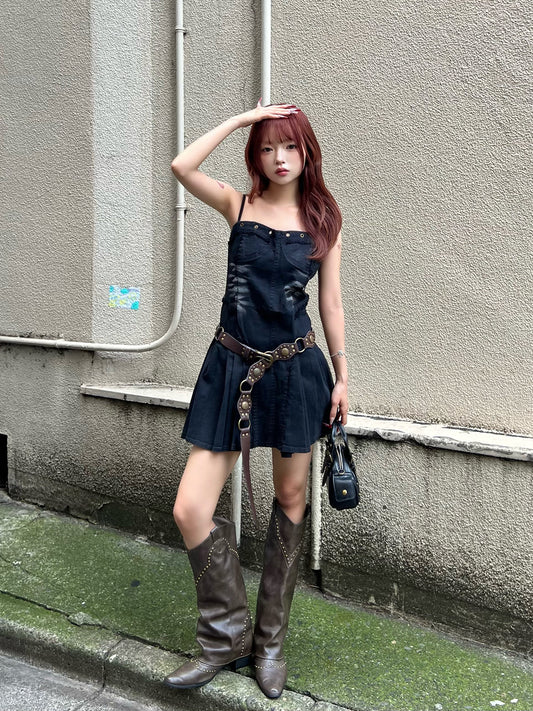フリンジデニムミニワンピース