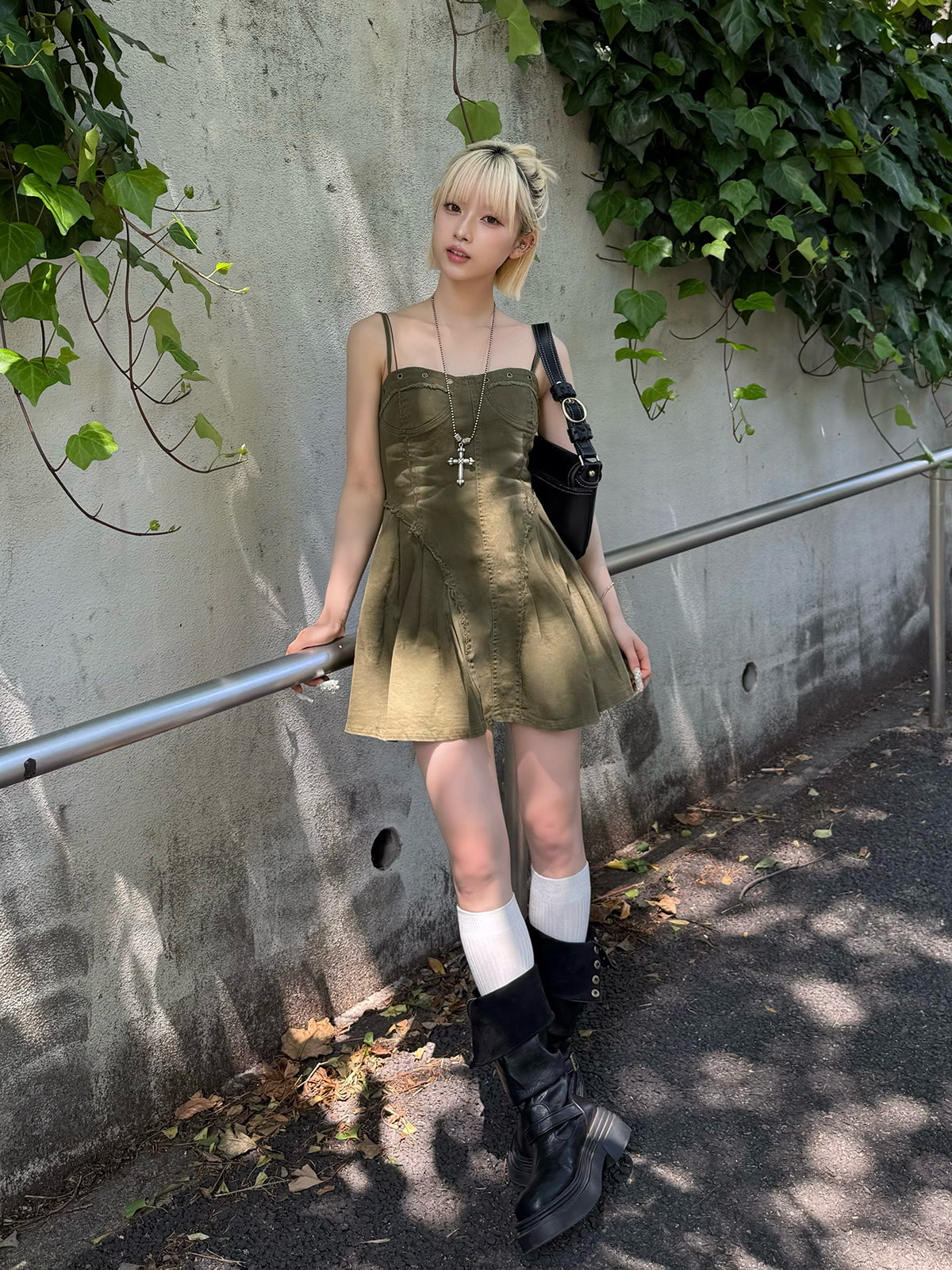 フリンジデニムミニワンピース