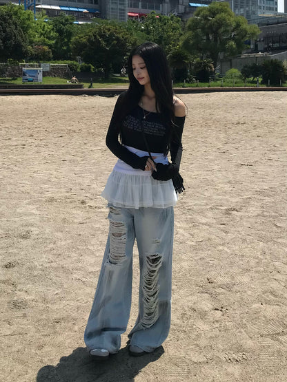 フリルセットペイントダメージデニムパンツ