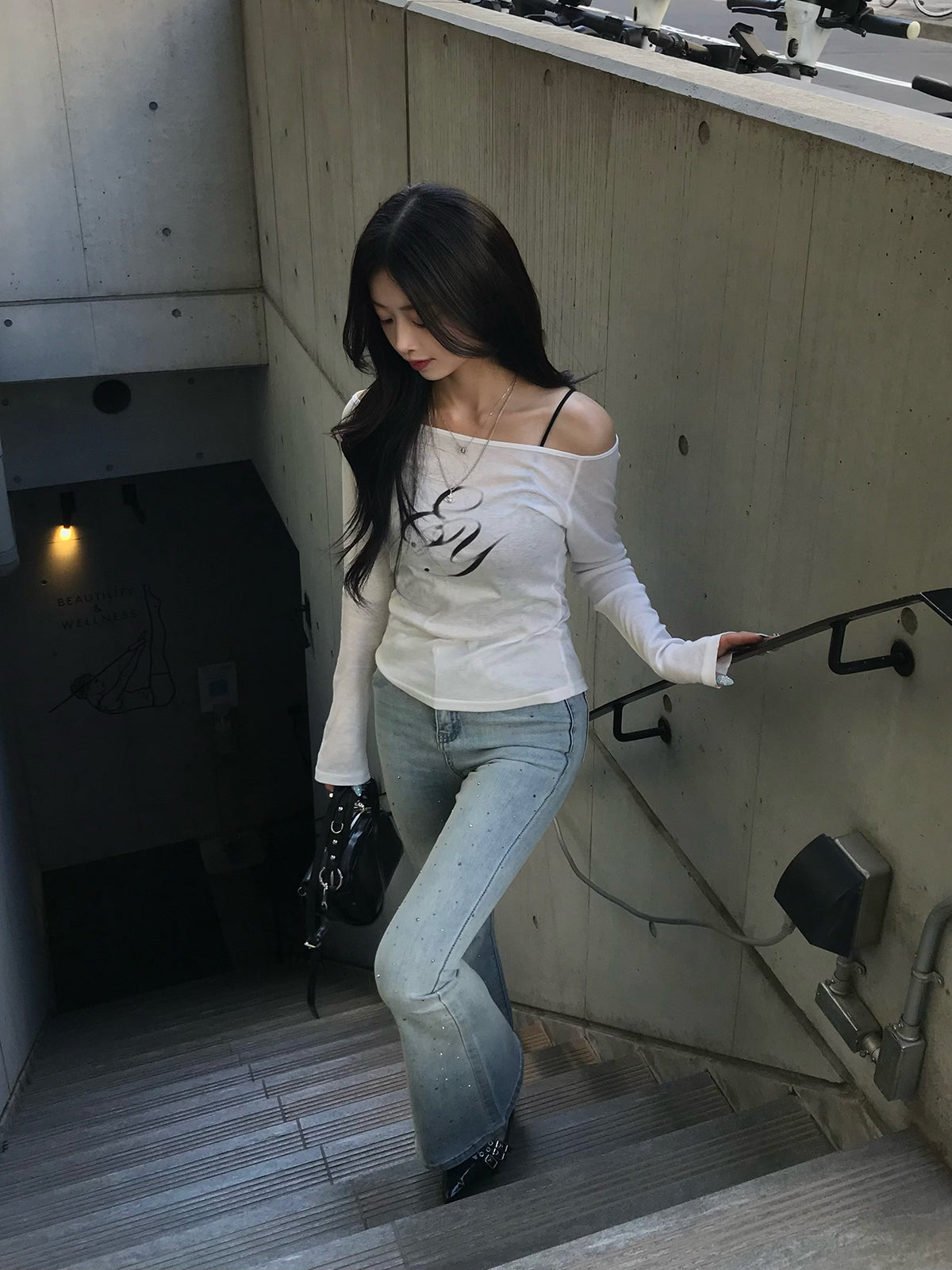ランダムラインストーンフレアデニムパンツ