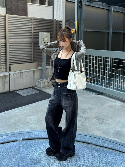 スクラッチワイドブラックデニムパンツ