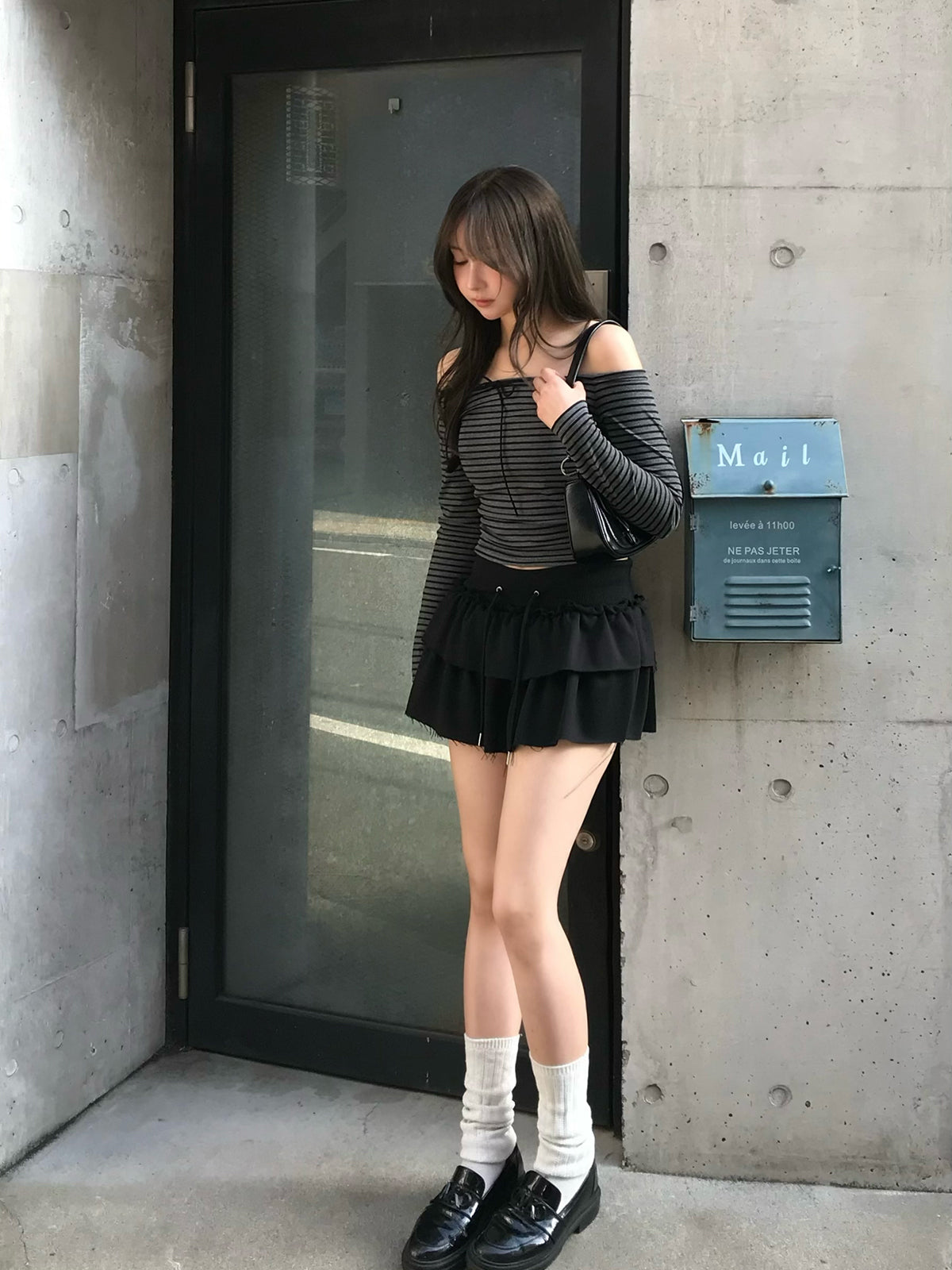 Ribbon Off-Shoulder Striped Cut and Sew