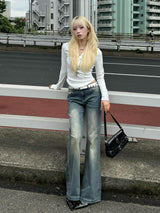 ウォッシングセミフレアデニムパンツ - ブルー