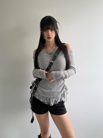 Lace Hem Camisole Set Off-Shoulder Cut and Sew