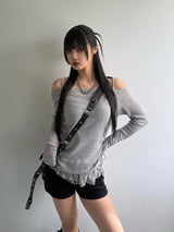 Lace Hem Camisole Set Off-Shoulder Cut and Sew - Gray