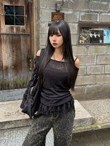 Lace Hem Camisole Set Off-Shoulder Cut and Sew - Black