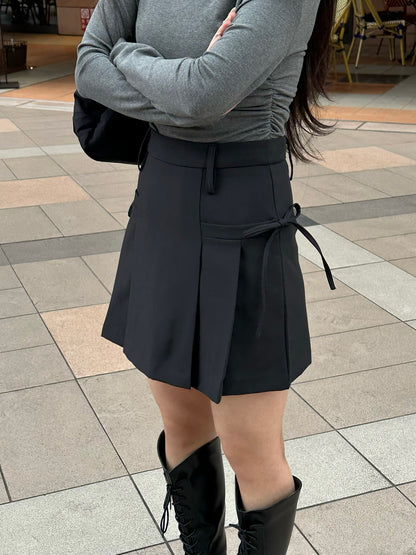 側邊蝴蝶結百褶迷你裙