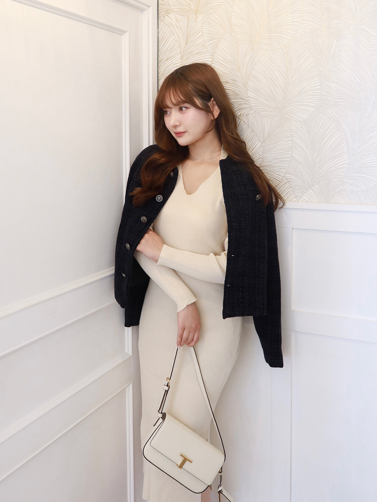 ホルターネックリブニットワンピース