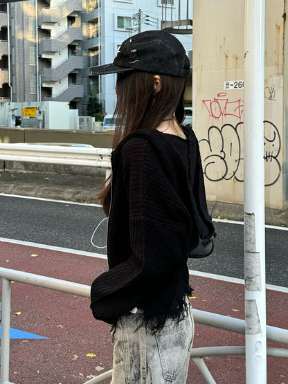 ダメージフリンジニットパーカー