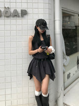 アシメヘムチェックチュニック - ブラック