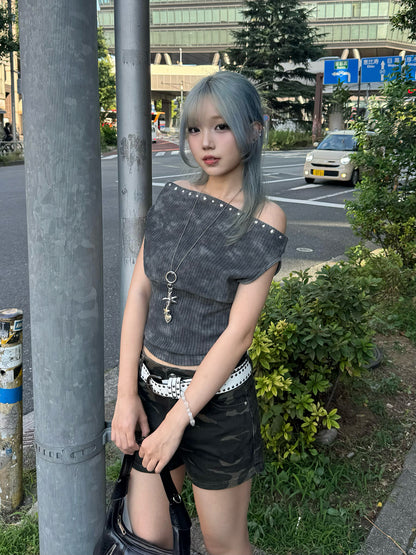 カモフラデザインデニムショートパンツ