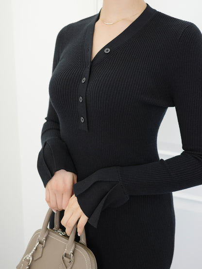 フロントボタンフレアニットワンピース【11月下旬予約】