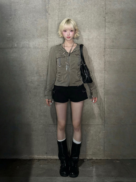 翻盖口袋拉链连帽衫