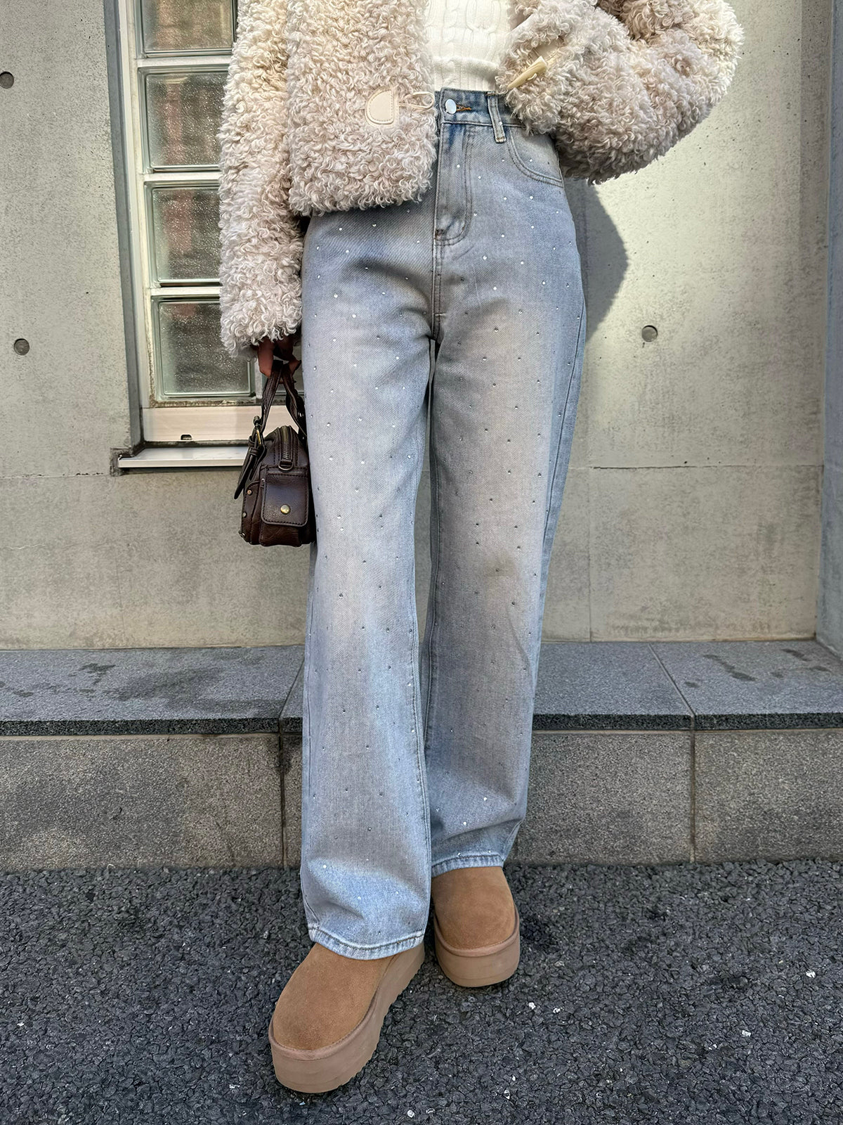 ラインストーンストレートデニムパンツ
