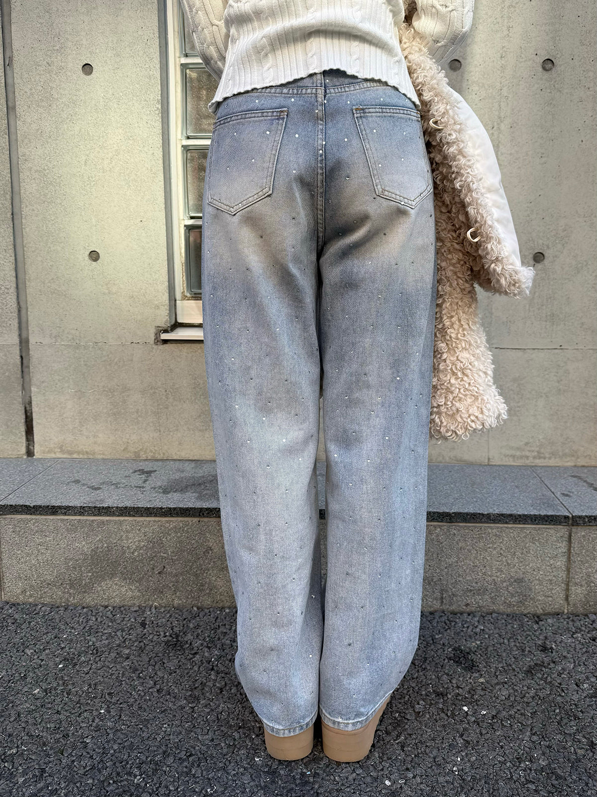 ラインストーンストレートデニムパンツ