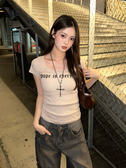 バックレタリングハートTシャツ