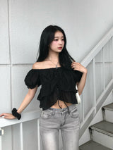 シアーフリルパフブラウス - ブラック