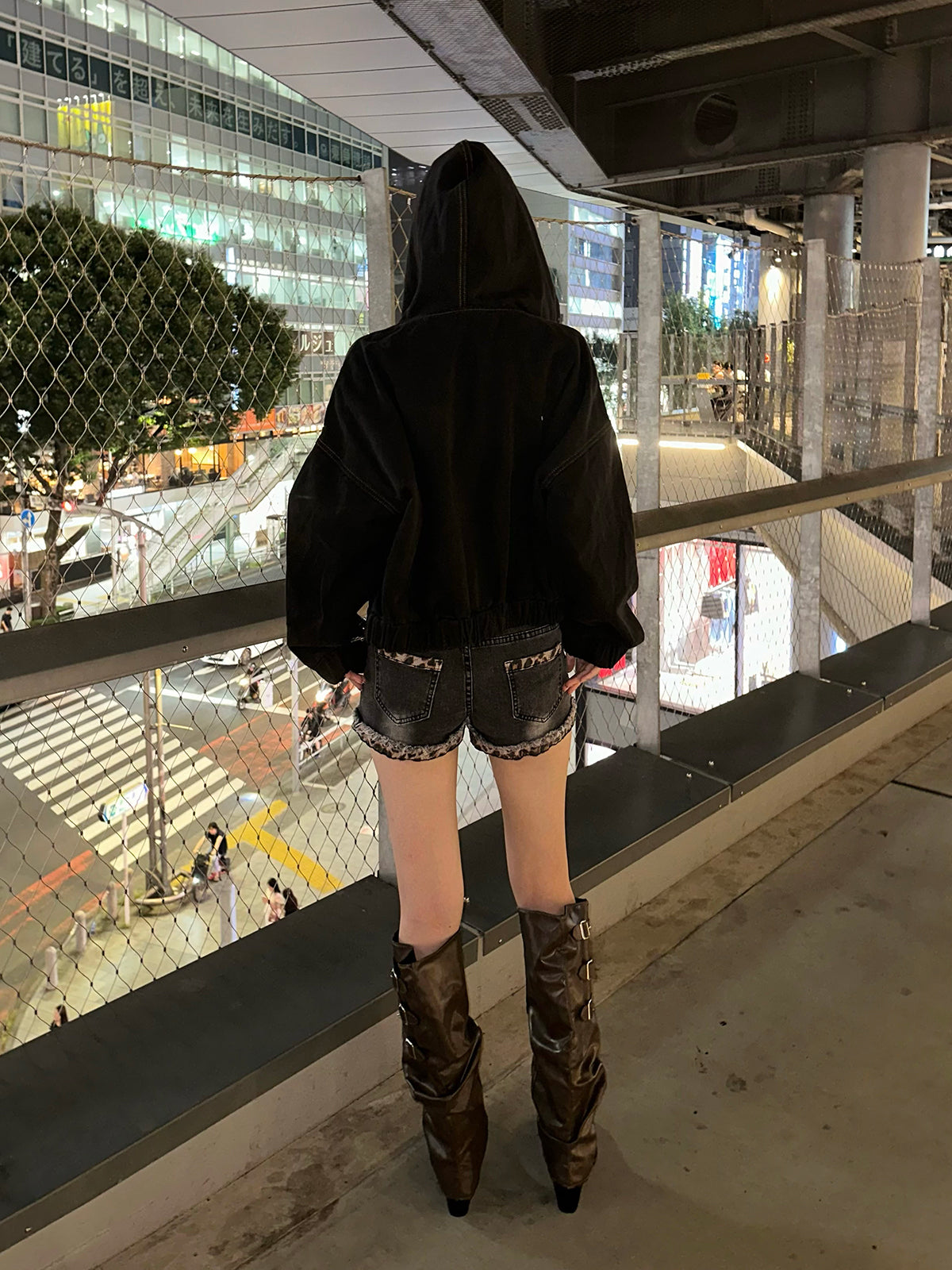 レオパードカフデニムショートパンツ