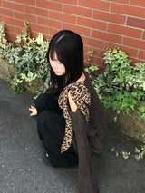 レオパードショルダールーズニット - ブラウン