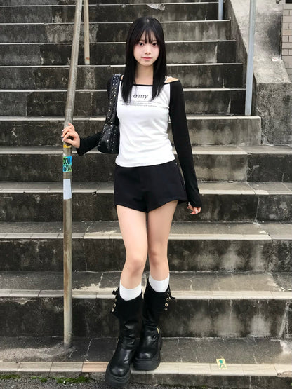 ハイウエストダブルボタンショートパンツ