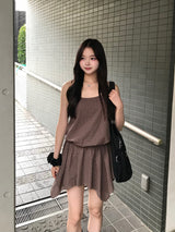 アシメヘムチェックチュニック - ブラウン