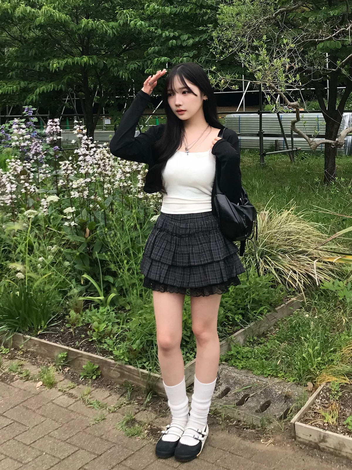 レースティアードチェックミニスカート