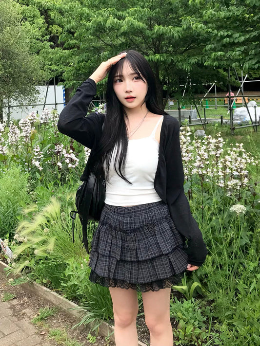 レースティアードチェックミニスカート