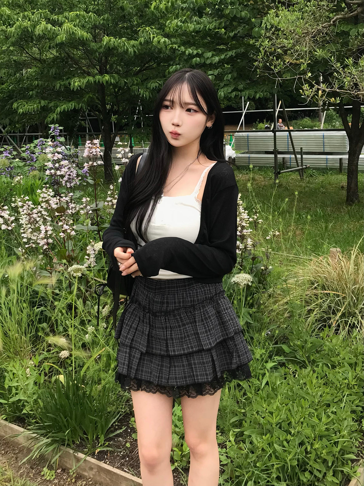 レースティアードチェックミニスカート