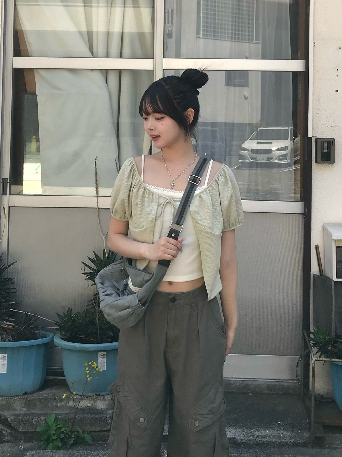 パフスリーブワッフルTシャツ