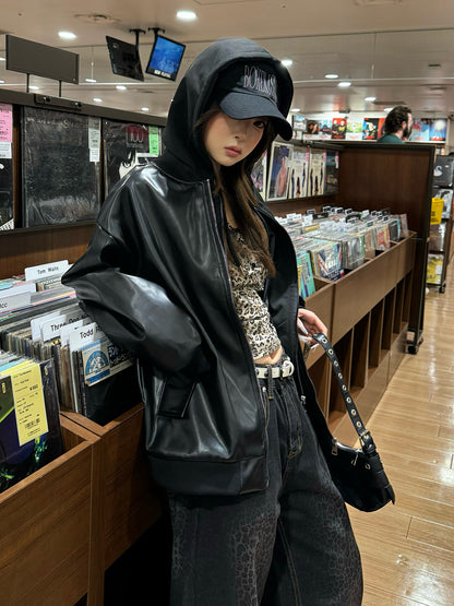 フーディージップレザータッチジャケット