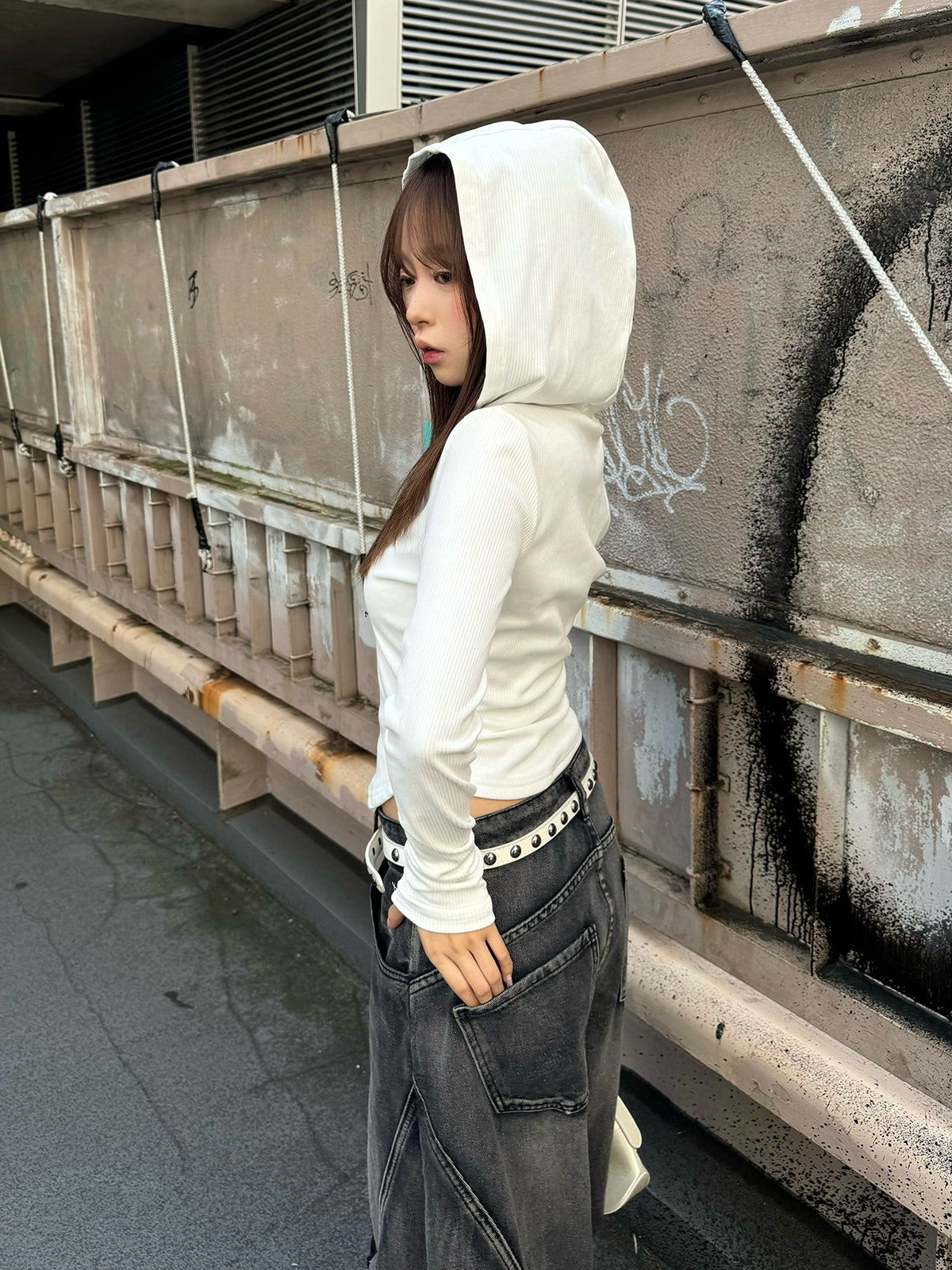 リブボタンフーディーカットソー