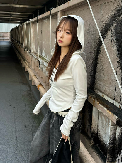 リブボタンフーディーカットソー