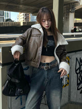 レザータッチボアジャケット - ブラウン