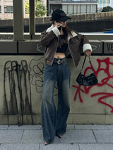 高腰洗水牛仔褲 - ブルー